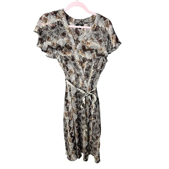 JBS Sheer Faux Wrap Style Dress Bow Ribbon Belt Snake Print Browns Y2K VNeck 14W - Picture 1 of 8
